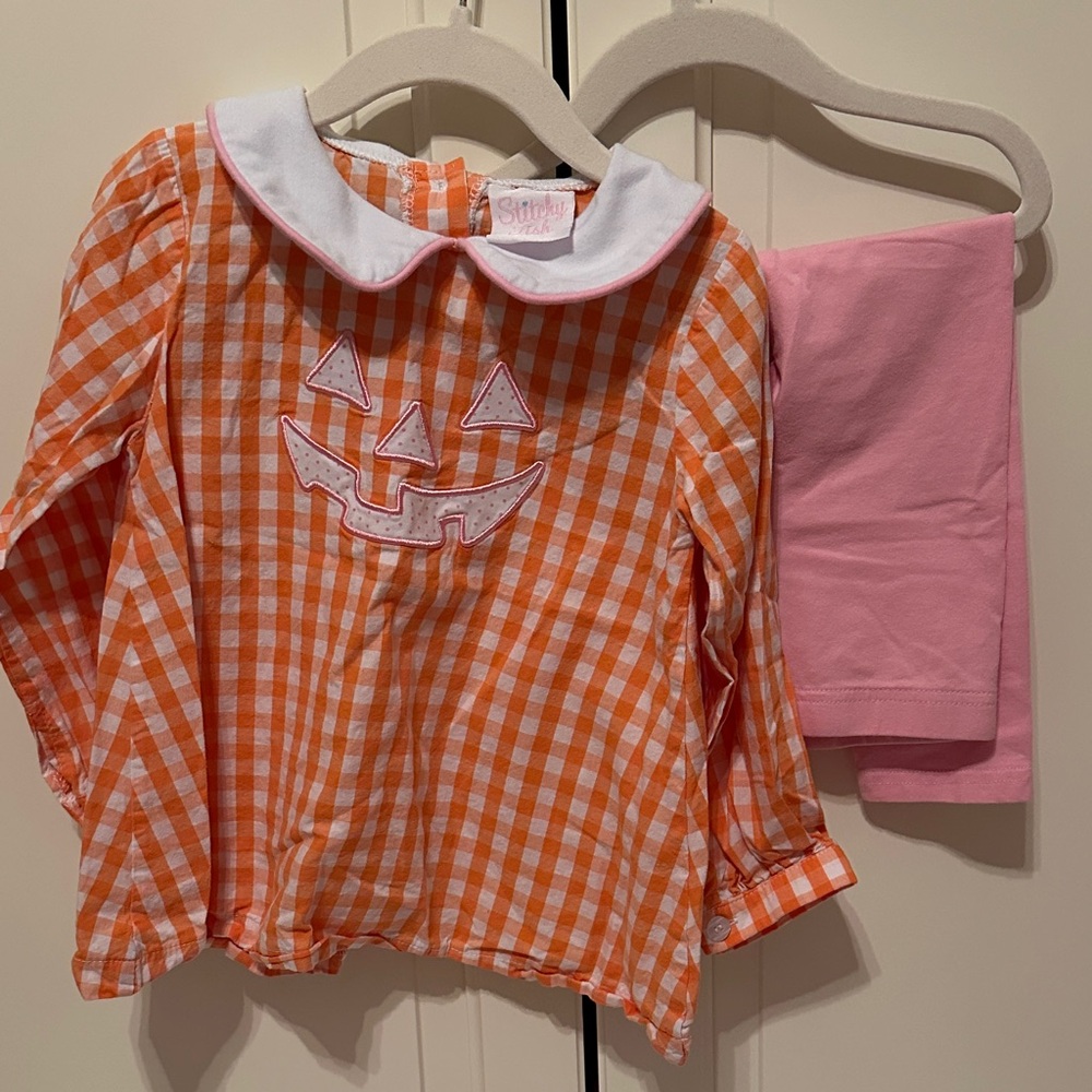 Stitchy Fish Orange Gingham Pumpkin Face Top with Pink Trim